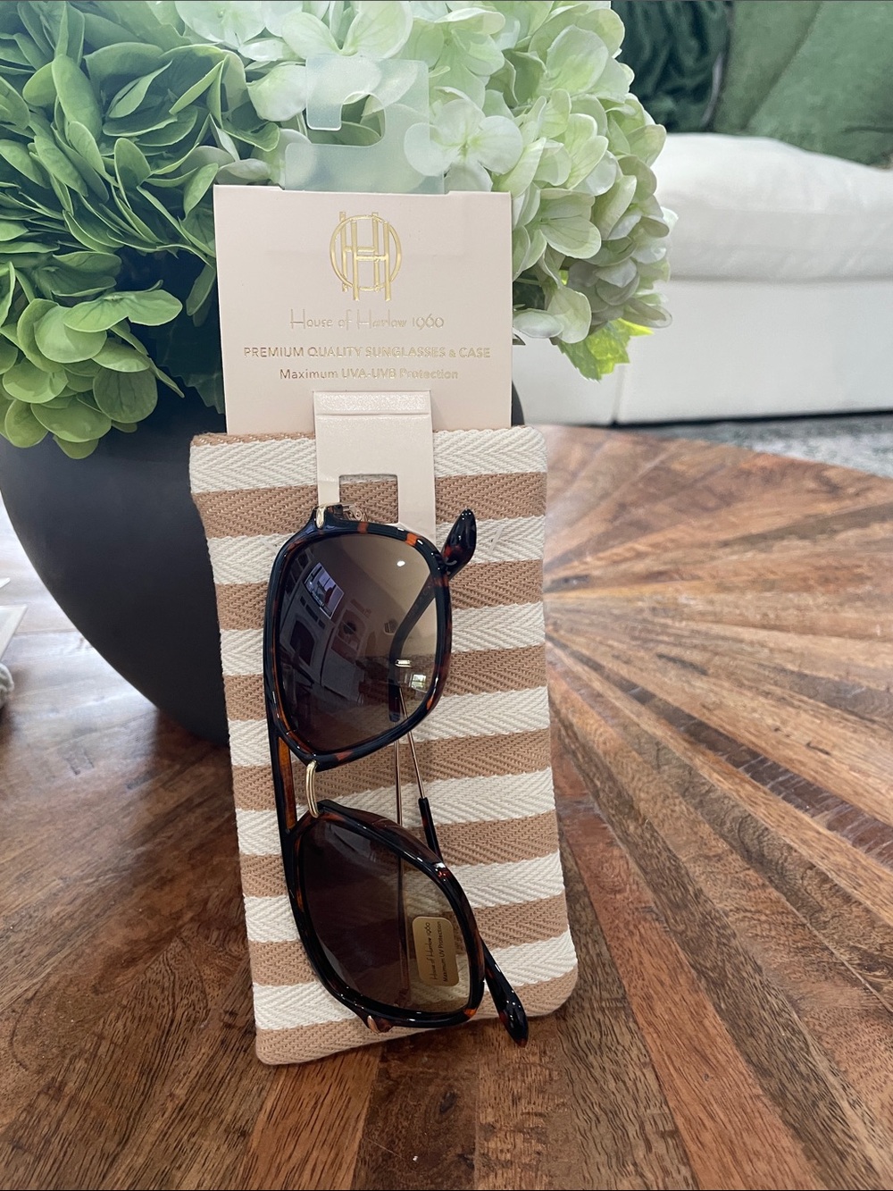 House of Harlow 1960 Tortoiseshell Sunglasses with Beige Striped Case